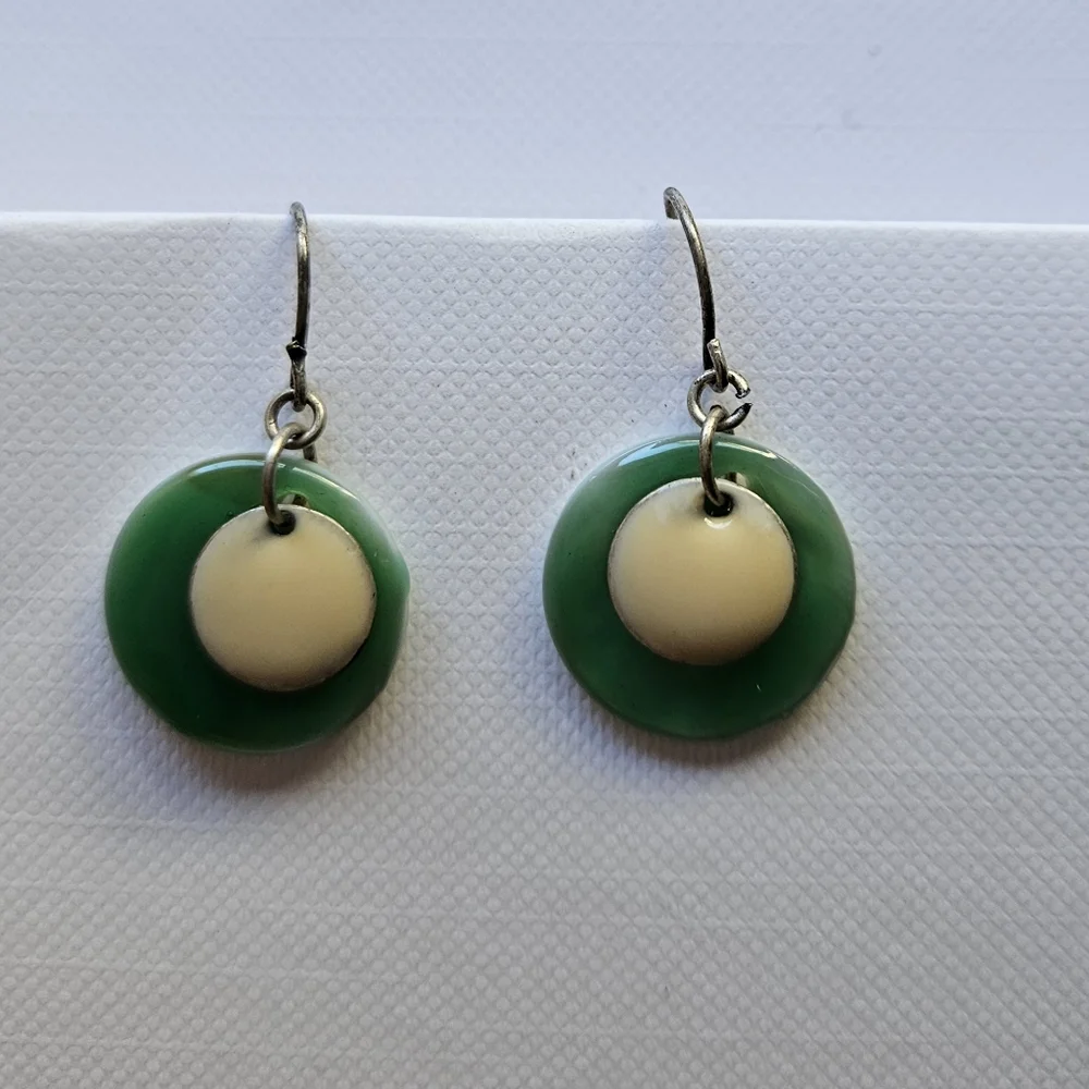 Teal Blue & White Enamel Disc Hanging Earrings - Picture 3 of 6